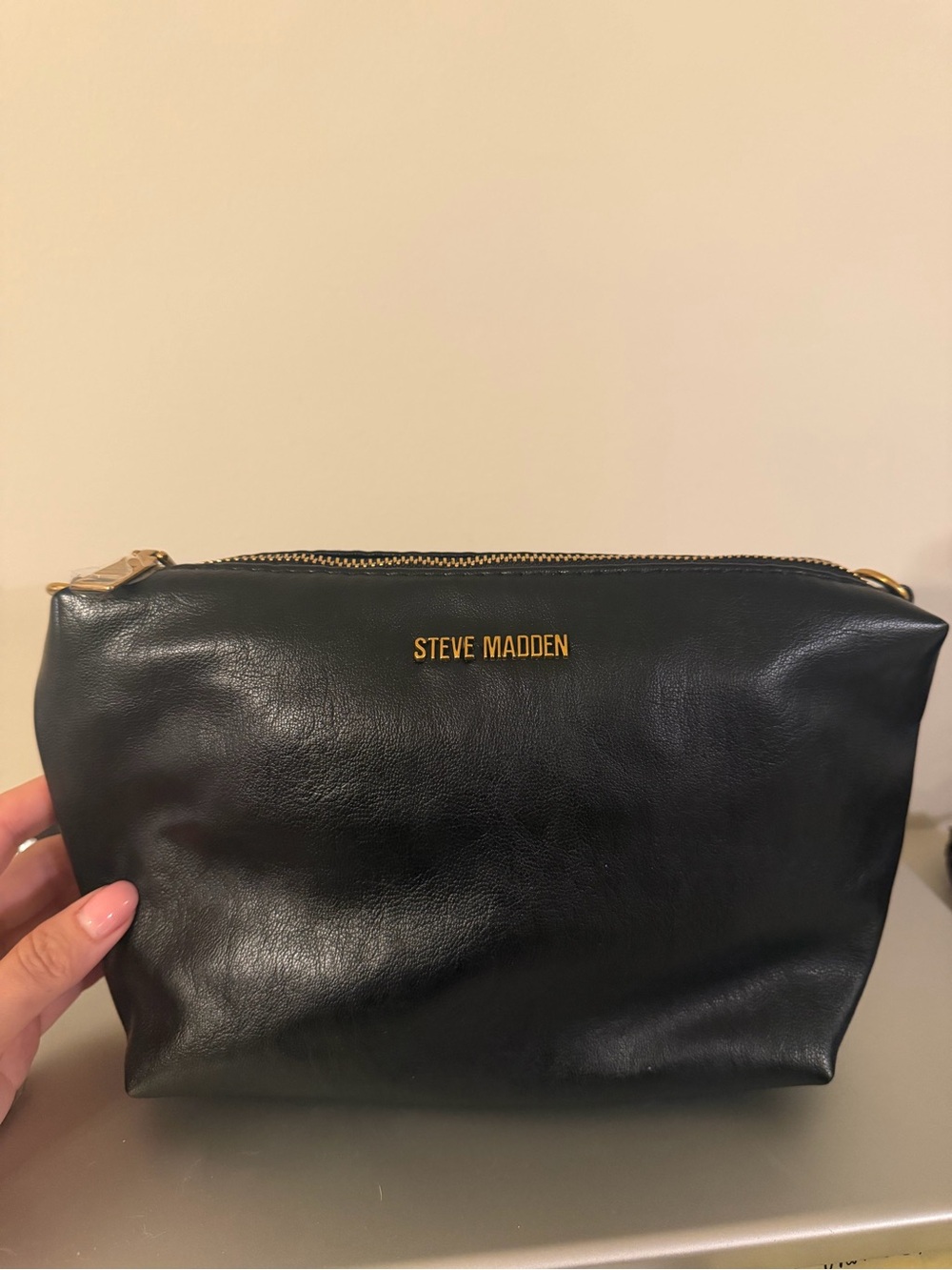 Steve Madden Black Leather Toiletry Bag with Gold Hardware